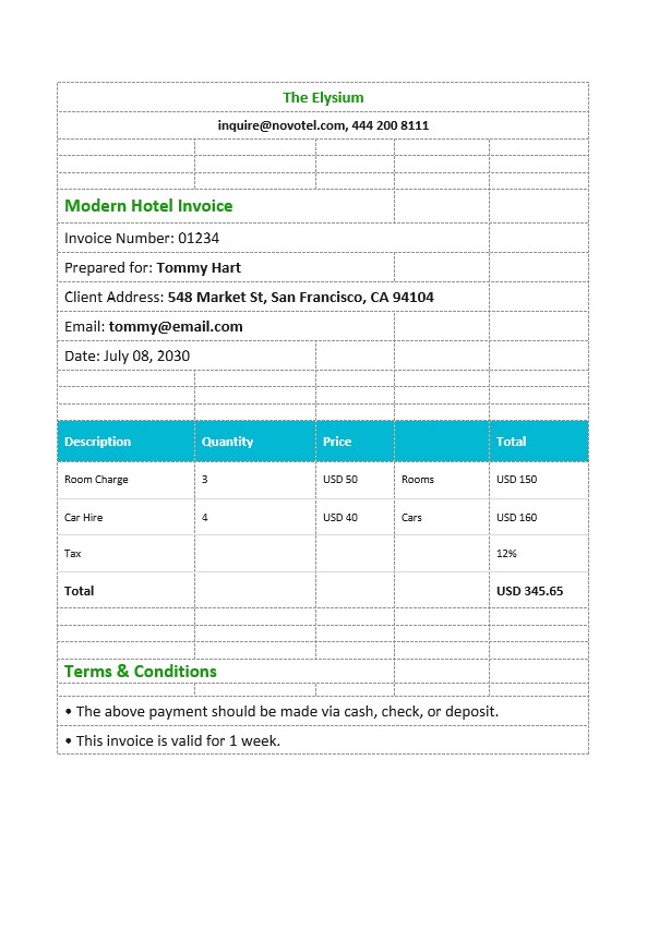 Modern Hotel Invoice Template PSD template